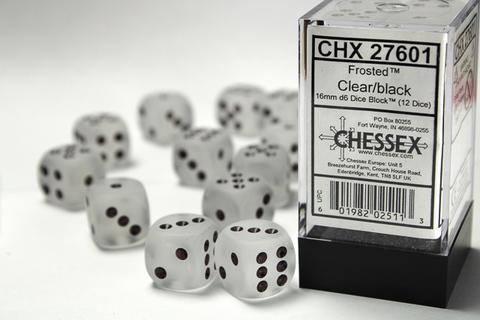 Chessex: Frosted 16mm W6 Clear/black Würfel Block (12)