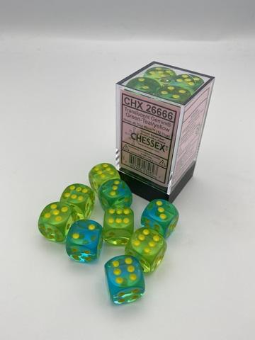 Chessex: Gemini 16mm W6 Translucent Green-Teal/yellow Würfel Block (12)