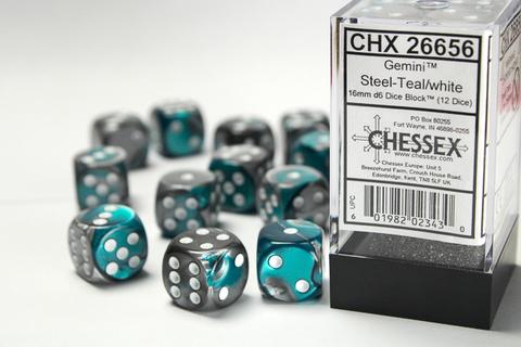 Chessex: Gemini 16mm W6 Steel-Teal/white Würfel Block (12)