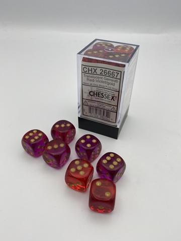 Chessex: Gemini 16mm W6 Translucent Red-Violet/gold Würfel Block (12)