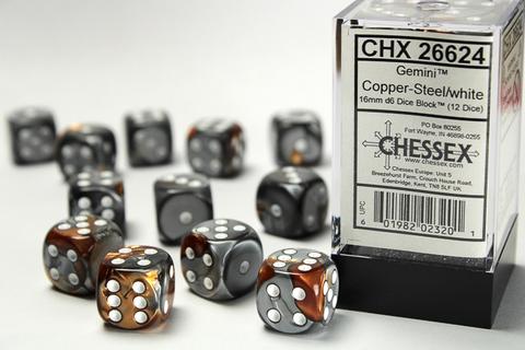 Chessex: Gemini 16mm W6 Copper-Steel/white Würfel Block (12)