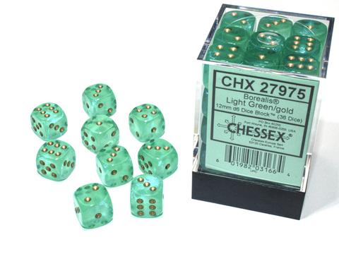 Chessex: Borealis 12mm W6 Light Green/gold Luminary Würfel Block (36)