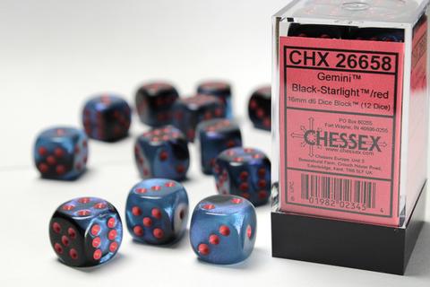 Chessex: Gemini 16mm W6 Black-Starlight/red Würfel Block (12)