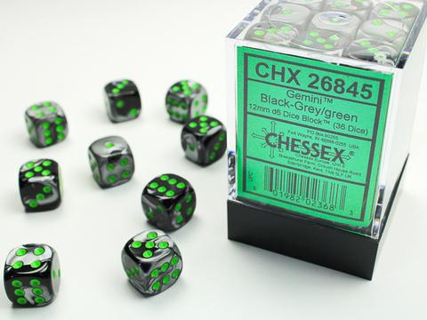 Chessex: Gemini 12mm W6 Black-Grey/green Würfel Block (36)