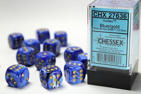 Chessex: Vortex 16mm W6 Blue/gold Würfel Block (12)
