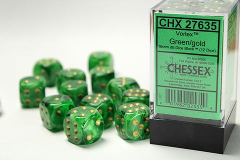 Chessex: Vortex 16mm W6 Green/gold Würfel Block (12)