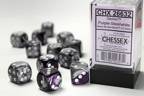 Chessex: Gemini 16mm W6 Purple-Steel/white Würfel Block (12)