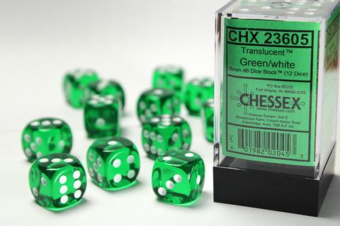 Chessex: Translucent 16mm W6 Green/white Würfel Block (12)