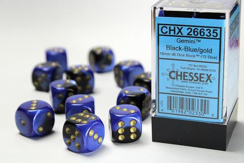 Chessex: Gemini 16mm W6 Black-Blue/gold Würfel Block (12)