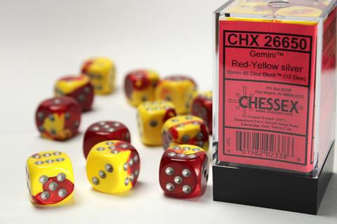 Chessex: Gemini 16mm W6 Red-Yellow/silver Würfel Block (12)