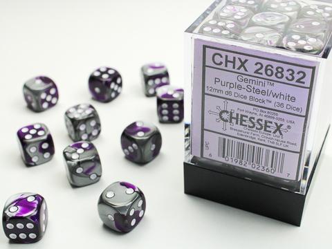 Chessex: Gemini 12mm W6 Purple-Steel/white Würfel Block (36)