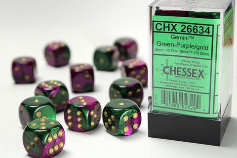 Chessex: Gemini 16mm W6 Green-Purple/gold Würfel Block (12)
